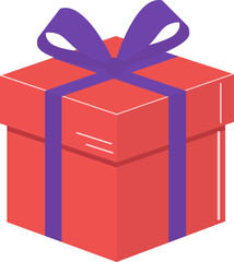 Vector image of closed red gift box with purple ribbon.