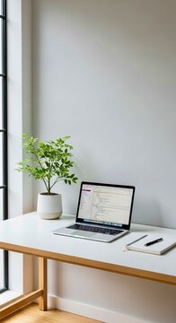 Modern workspace with desk, open laptop, plants, and notebook, minimalistic style.