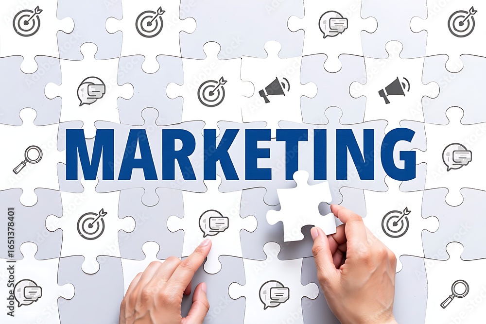 Poster hands assembling a marketing strategy puzzle with icons representing business growth and communicati