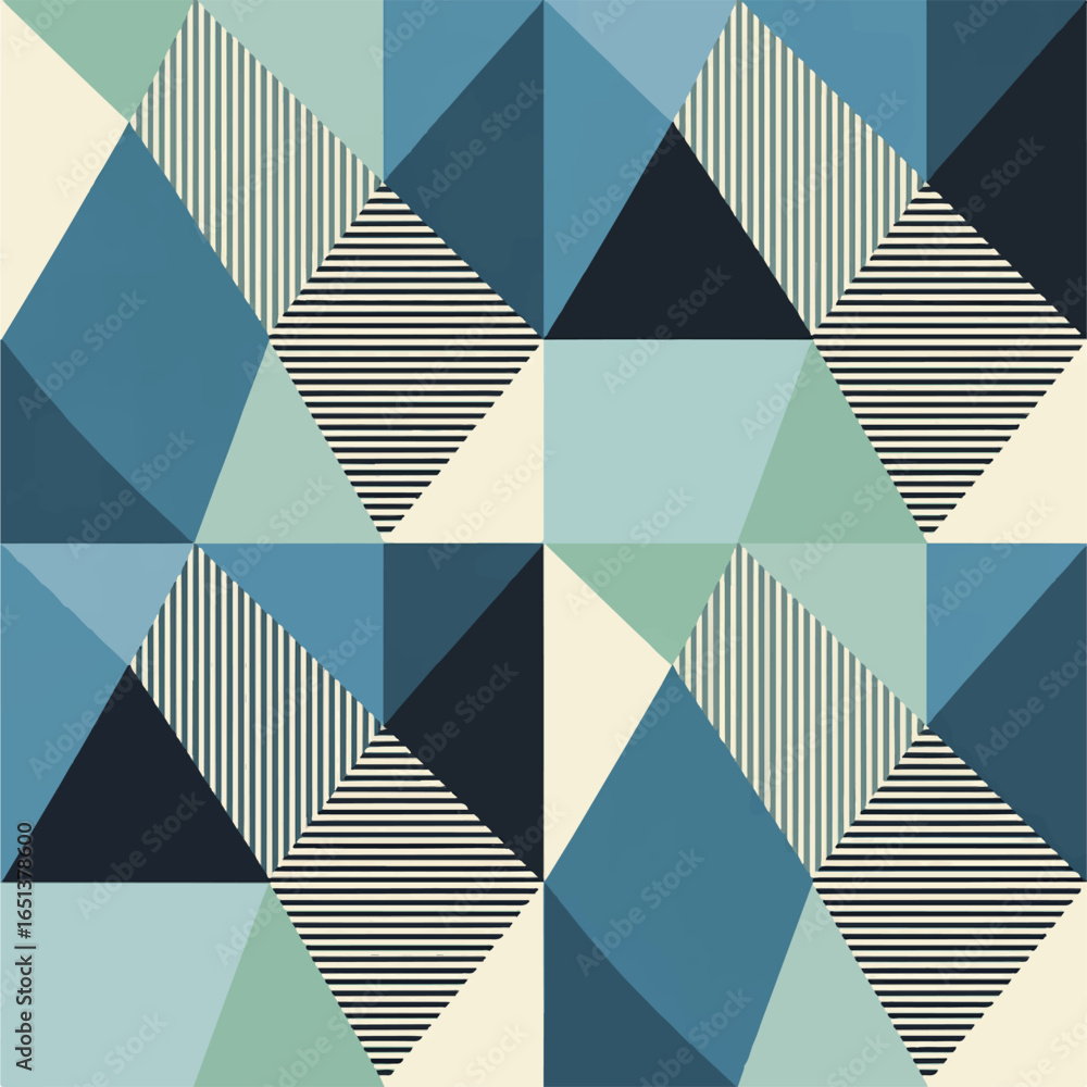 Poster abstract geometric pattern with triangles and stripes in shades of blue and beige seamlessly tiling 