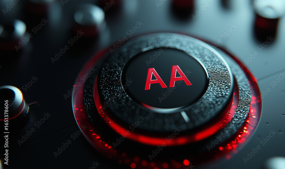 Poster close-up of a sleek, futuristic button with red glowing 