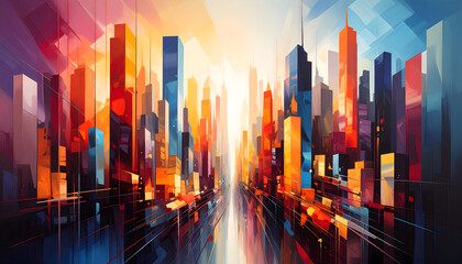 Obraz premium Abstract Cityscape Illustration Featuring Skyscrapers in Warm Orange and Blue Tones with Linear Perspective