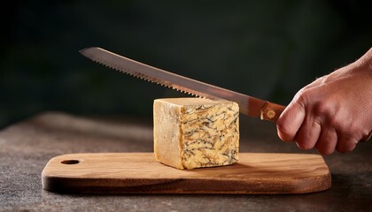hand cutting unique cheese cube with knife on wooden board mineral pattern visible anticipating delicious flavor experience