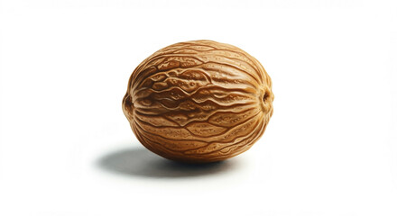 Obraz premium Microcosmic Nutmeg Planet A Detailed Studio Shot of a Single Nutmeg on White Background, Evoking a Small World