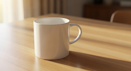 A white ceramic mug sitting on a wooden table with sunlight streaming through a nearby window indoors