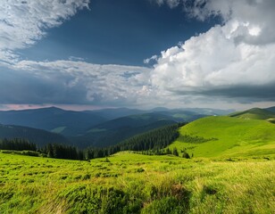 Naklejka premium panoramic view of green fields in the carpathian mountains idyllic rolling hills and cloudy sky