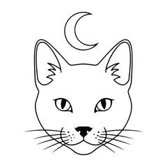 Black line art cat face with crescent moon above feline animal