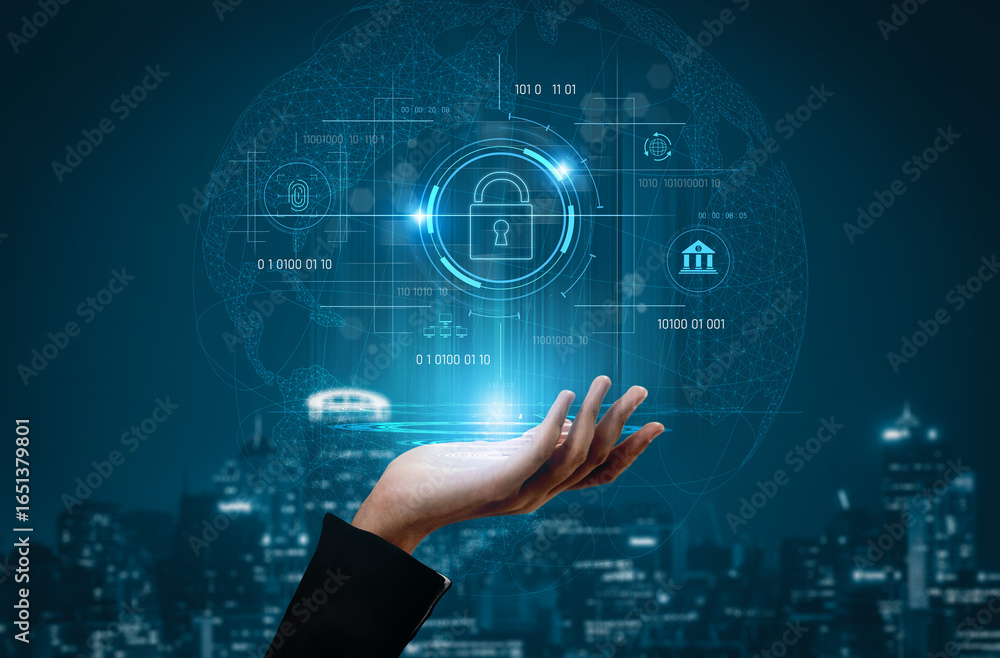 Poster cybersecurity system interface with biometric lock and data protection. cybersecurity protects acces