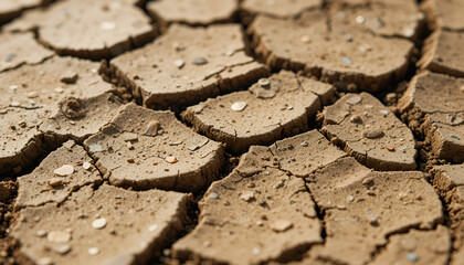 Fototapeta premium Close-up of arid cracked earth surface showing texture and dryness, symbolizing drought and desertification.