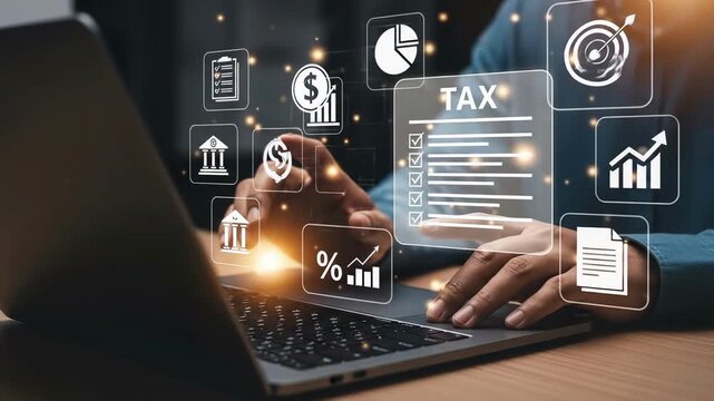 Glowing tax data surrounds hands typing on a laptop Financial planning is made simple with transparent graphs and intuitive user interfaces