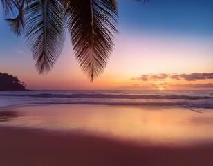 serene tropical beach at golden hour with soft focus palm silhouettes and pastel sky gradient