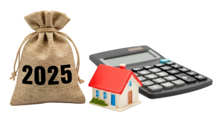 2025 Real Estate Investment and Property Finance with Money Bag and Calculator Cut Out PNG.