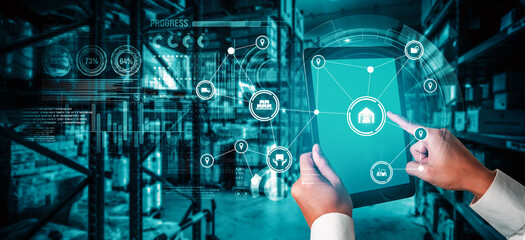 Smart warehouse management system with innovative internet of things technology to identify package picking and delivery . Future concept of supply chain and logistic network business .