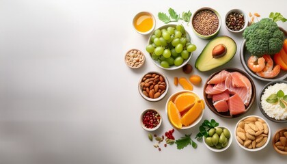 delicious variety of food items displayed together light background showcasing different meal and snack options feeling fresh
