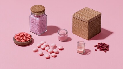 Assorted pink pills and supplements in glass jars on pastel background for pharmaceutical healthcare product photography vitamins packaging concept