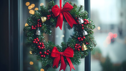 Decorative Christmas Wreath with Red Bows and Ornaments