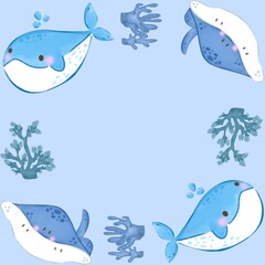 Watercolor  Whale and Stingray Seamless Pattern with Blue Coral