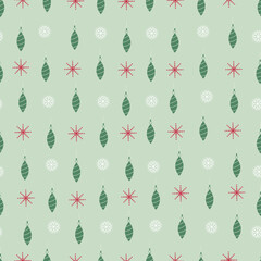 Christmas baubles vector seamless pattern. Holly jolly surface design of Xmas balls and snowflakes on pastel background