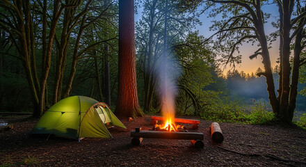 A campsite with a green tent and a campfire burning in a forest at dusk with mossy trees around © Muhammad