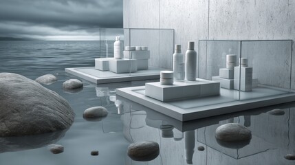 Modern white spa skincare bottles floating on water platform for wellness product design photography minimalist balance calm nature visual concept