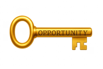 Golden key with opportunity word isolated on transparent background