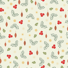 Christmas holly leaves vector seamless pattern. Holly jolly Xmas surface design of spiny laurel leaves, baubles and snowflakes on white background