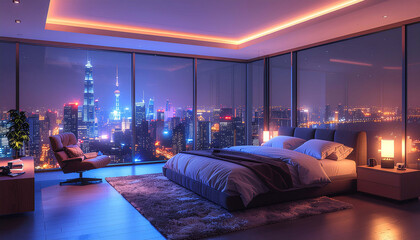 A interior of bedroom apartment on a high rise sky scraper, overlooking a city