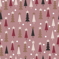 Christmas tree vector seamless pattern. Holly jolly Xmas surface design of pine trees, stars and polka dots on pink background