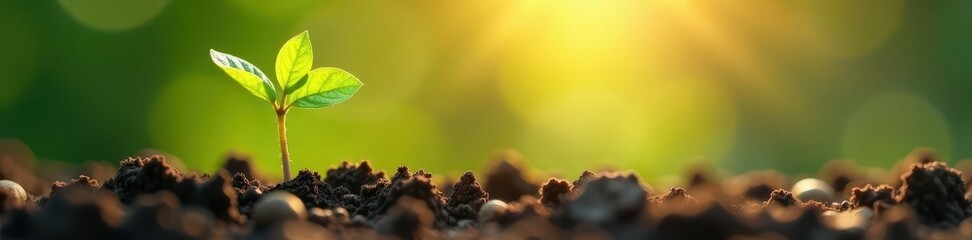 Tiny sprout basking in bright sunlight, soft bokeh , environment, seedling, leaves
