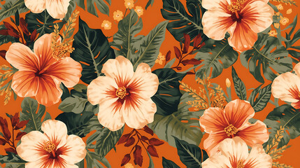 The tropical floral pattern features exotic hibiscus and other flowers in orange, cream, and peach, interwoven with dark green and muted olive leaves against a warm orange background.