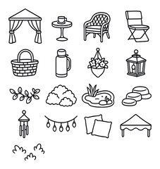 Outdoor patio furniture and decor: chairs, tables, lanterns, cushions, planters, pergola design elements