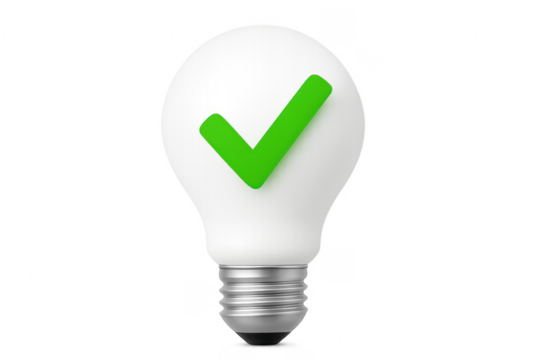 Light Bulb Showing Green Check Mark on Transparent Background