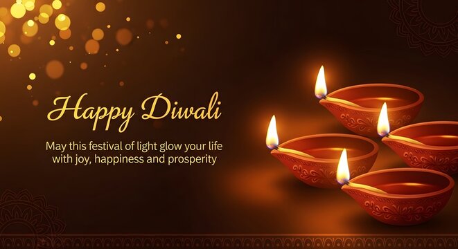 Happy diwali greeting with illuminated diyas and golden bokeh, conveying wishes for joy, happiness, and prosperity during the festival of lights