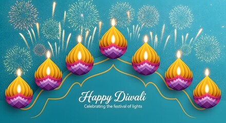 Happy diwali celebration with traditional diyas, fireworks, and festive decorations, symbolizing light and prosperity in hindu culture