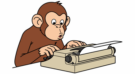 Cartoon Monkey Typing on Vintage Typewriter with Focused Expression. © Pemburu