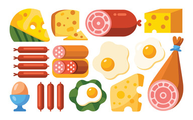 Assortment of delicious breakfast foods and cheeses
