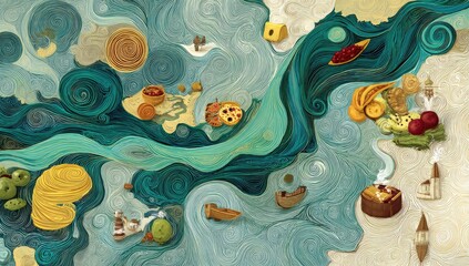 A stylized map of a waterway, filled with various pastries and fruits