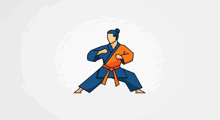 Obraz premium Martial Artist in Dynamic Stance, Blue and Orange Gi.