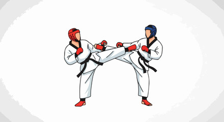 Obraz premium Two Taekwondo Fighters Executing Dynamic Kicks in White Uniforms and Red Headgear.