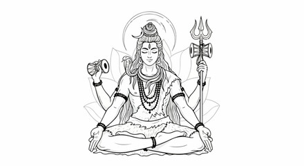 Serene Hindu Deity Lord Shiva Meditating with Multiple Arms and Trident.