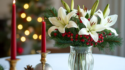 Elegant Christmas Floral Arrangement with Lilies, Berries, and Pine Branches on a Festive Table