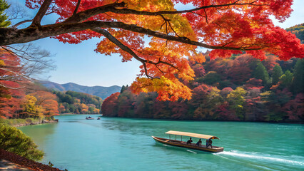 Naklejka premium Traditional wooden boat gliding along a turquoise river, surrounded by lush autumn foliage. 