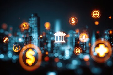 Abstract city skyline with glowing financial and service icons