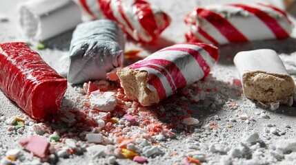 Crushed candy canes and festive sweets on snowy surface for holiday dessert background and Christmas seasonal food concept photography