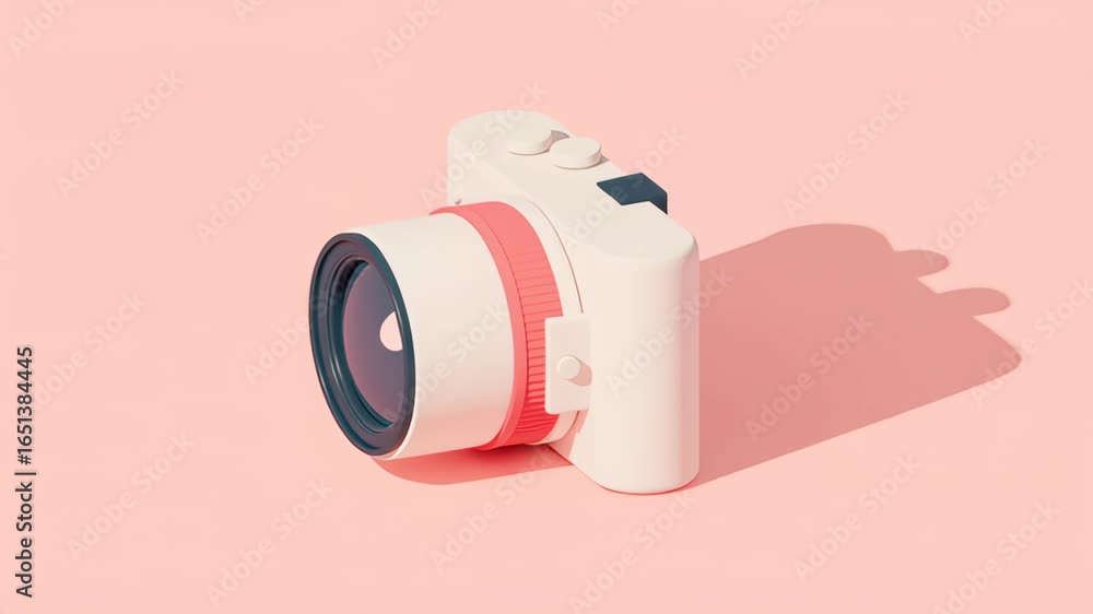 Poster minimal 3d icon of a stylish camera with colorful lens on a soft pink background