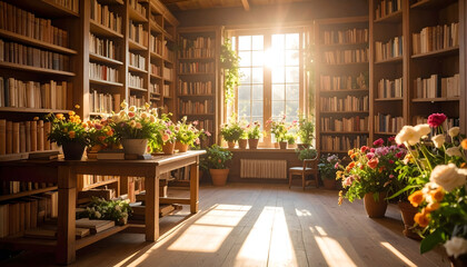 Sunlit Library Interior with Bookshelves Full Of Books and Flowers on Table and Window Bright Sunshine Pouring Through Creating Warm Atmosphere