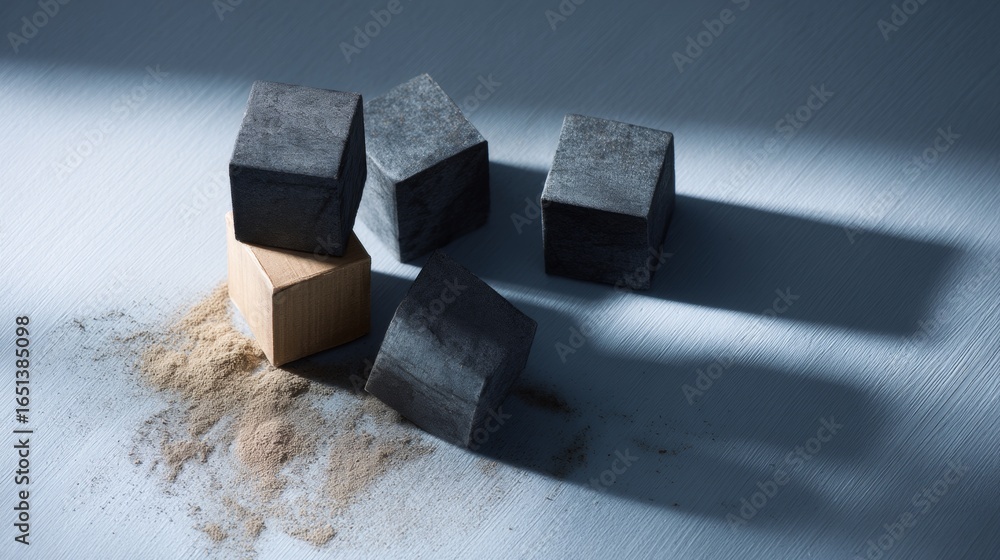 Poster geometric cubes casting shadows on sand with minimalist design for architecture abstract concept bra