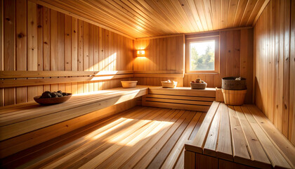 Interior View Of Wooden Sauna With Sunlight Streaming Through Window And Warm Lighting