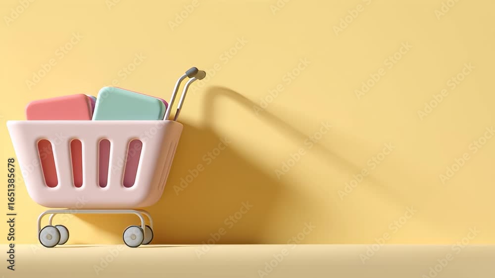 Poster minimal 3d shopping cart icon with colorful blocks on yellow background for stylish designs