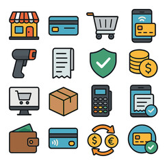 E-commerce icons set: shopping cart, payment methods, secure transactions